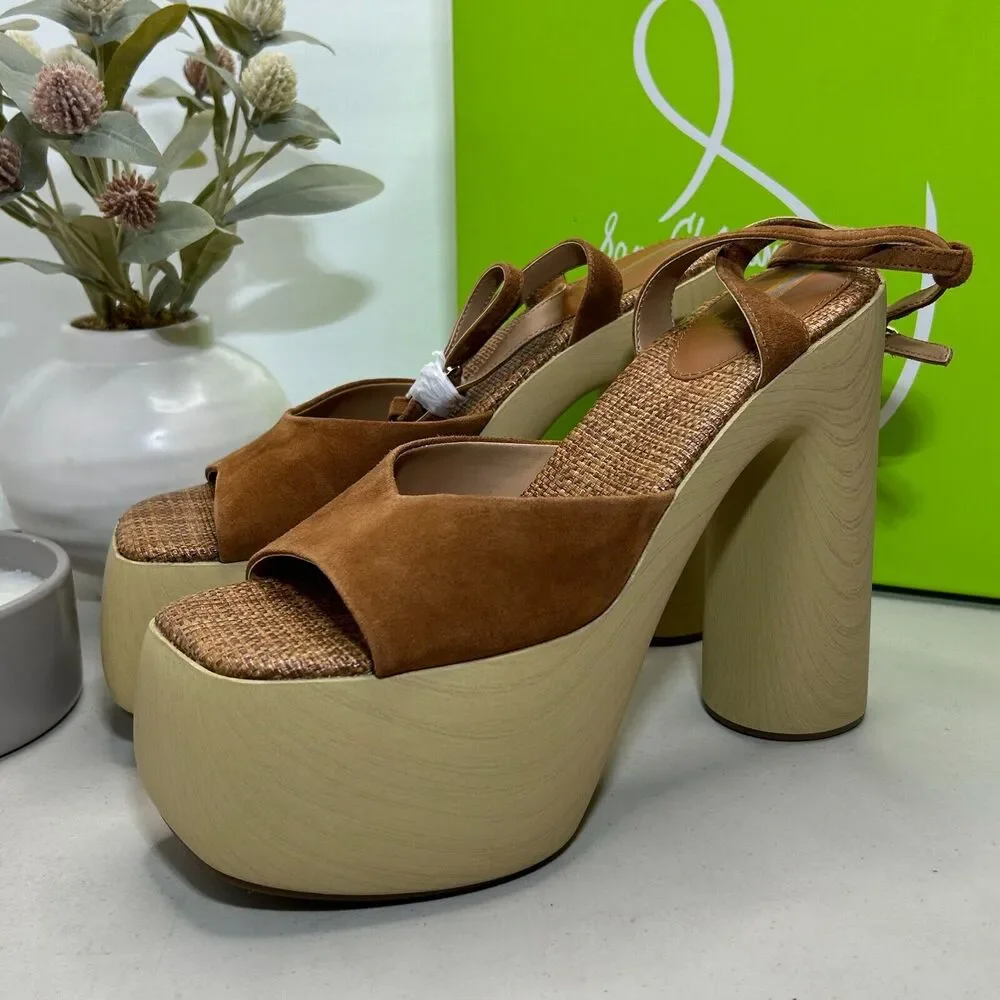 Sam Edelman Grayson Platform Suede Sandal Brown Block Heel Women's 9.5 M NWB
